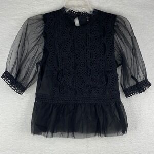 Blashe Black Lace Tulle Mock Neck Puff Sleeve Peplum Top Women‎ L